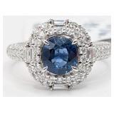Platinum Oval Blue Sapphire & Diamond Halo Ring