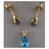 14K White Gold London Blue Topaz Pendant & Stud Ea