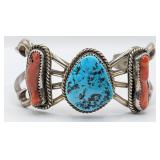 Sterling Native American Turquoise and Coral Cuff