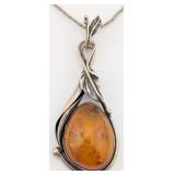 Vintage Sterling Leaf Border Amber Pendant Necklac