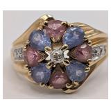 14K Gold Tanzanite Pink Tourmaline & Diamond Ring