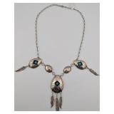 Sterling Native American Shadowbox Turquoise & Fea