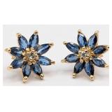 14K Gold Sapphire & Diamond Flower Stud Earrings