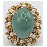 14K Gold Jade & Pearl Ring