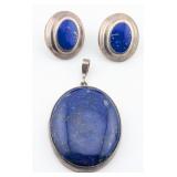 Vintage Sterling Taxco Lapis Lazuli Pendant and Ea