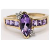 10K Yellow Gold Marquis Amethyst & Diamond Ring