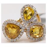 18K Gold 3 Stone Yellow Sapphire & Diamond Ring