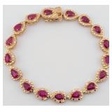 Sterling Pear Cut Ruby 9.82 ctw & Diamond Bracelet