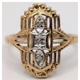 10K Gold Art Deco Filigree Diamond Shield Ring