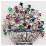18K Gold Multi Stone & Diamond Basket Brooch