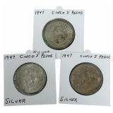 (3) 1947 Estados Unidos Mexico Five Peso 90% Silve