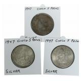 (3) 1947 Estados Unidos Mexico Five Peso 90% Silve