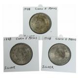 (3) 1948 Estados Unidos Mexico Five Peso 90% Silve