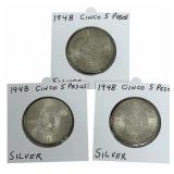 (3) 1948 Estados Unidos Mexico Five Peso 90% Silve