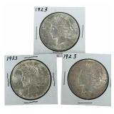 (3) 1923 United States Peace Silver Dollars