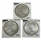 (3) 1923 United States Peace Silver Dollars
