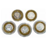 Lot Of Five $10.00 Mixed Silver Casino Tokens