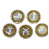 Lot Of Five $10.00 Boomtown Silver Casino Tokens