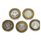 Lot Of Five $10.00 Mixed Silver Casino Tokens