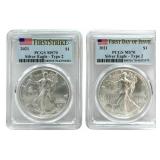 (2) 2021 American Silver Eagles PCGS MS 70 First S