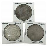(3) 1921 United States Morgan Silver Dollars