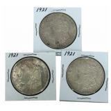 (3) 1921 United States Morgan Silver Dollars