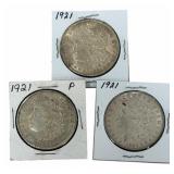 (3) 1921 United States Morgan Silver Dollars