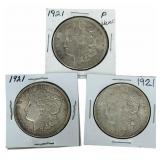 (3) 1921 United States Morgan Silver Dollars