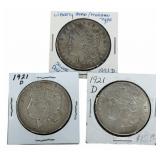 (3) 1921-D United States Morgan Silver Dollars