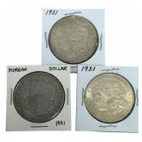 (3) 1921 United States Morgan Silver Dollars