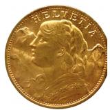 1935-B Swiss 20 Franc 90% Fine Gold Coin