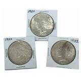 (3) 1922 United States Peace Silver Dollars