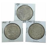 (3) 1921-S United States Morgan Silver Dollars