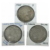 (3) 1921-S United States Morgan Silver Dollars