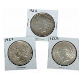 (3) 1922 United States Peace Silver Dollars