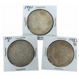 (3) 1921-S United States Morgan Silver Dollars