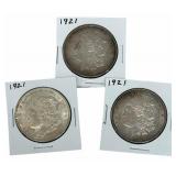 (3) 1921 United States Morgan Silver Dollars