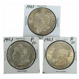 (3) 1921 United States Morgan Silver Dollars
