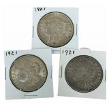 (3) 1921 United States Morgan Silver Dollars