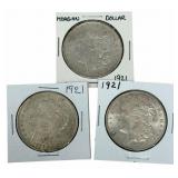 (3) 1921 United States Morgan Silver Dollars