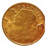 1927-B Swiss 20 Franc 90% Fine Gold Coin