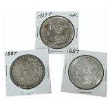 (3) 1887 United States Morgan Silver Dollars