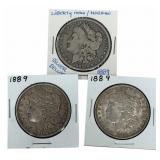 (3) 1889 United States Morgan Silver Dollars