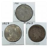(2) 1924 & (1) 1925 United States Peace Silver Dol