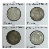 (4) 1953 Estados Unidos Mexico Five Peso 72% Silve