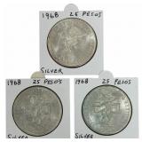(3) 1968 Estados Unidos Mexico 25 Peso 72% Silver