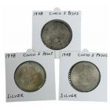 (3) 1948 Estados Unidos Mexico Five Peso 90% Silve