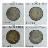 (4) 1951 Estados Unidos Mexico Five Peso 72% Silve