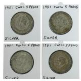 (4) 1951 Estados Unidos Mexico Five Peso 72% Silve