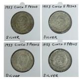 (4) 1953 Estados Unidos Mexico Five Peso 72% Silve